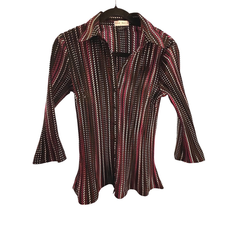 Fred David Women's Striped 3/4 Bell Sleeve Button Down Blouse - Size Small